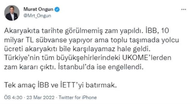 Murat Ongun'dan ulaşım artırımı teklifinin reddedilmesine reaksiyon: Hedef İBB'yi batırmak