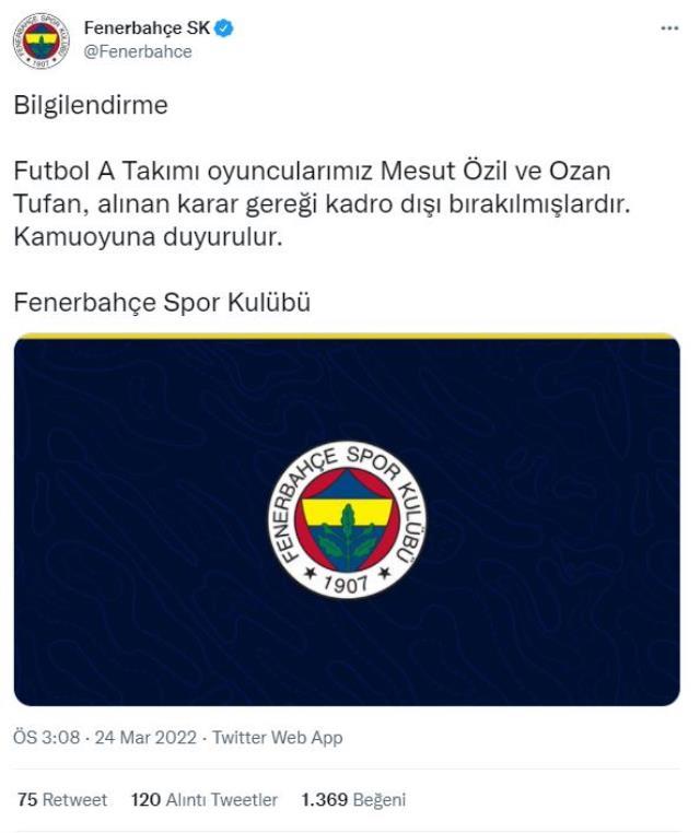 Fenerbahçe'de Mesut Özil ve Ozan Tufan takım dışı bırakıldı