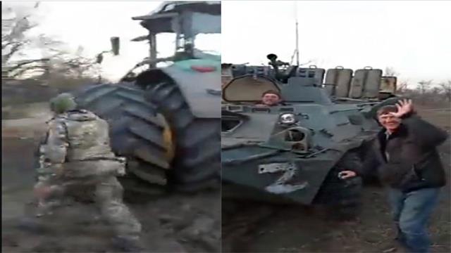 Putin'in ordusuna Ukraynalı çiftçilerden bir darbe daha! Z işareti bulunan tankı traktörle çektiler