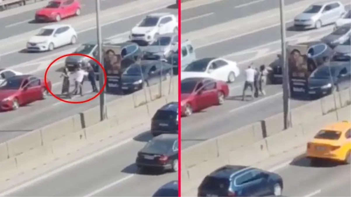 Araçları durdurup yumruk yumruğa birbirlerine girdiler! Yol verme kavgası kamerada