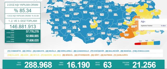 Türkiye'de 29 Mart günü koronavirüs nedeniyle 63 kişi vefat etti, 16 bin 190 yeni olay tespit edildi
