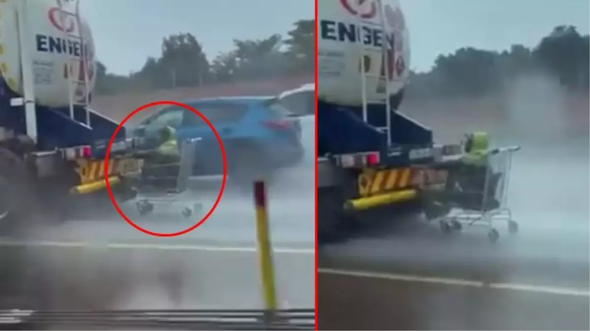 Polis bu çılgını arıyor! Otoyolda market arabasıyla yolculuğun görüntüleri viral oldu