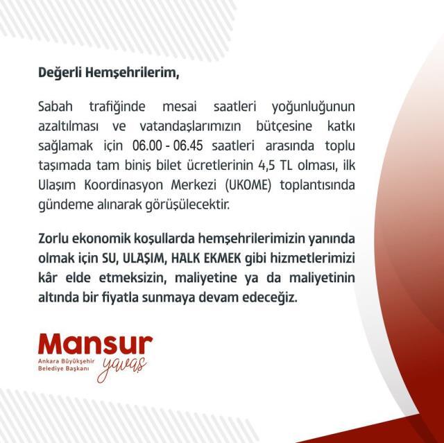 Mansur Yavaş'tan Ankara'da zamlanan ulaşım için yeni hamle: Sabah saatleri için indirim teklif edeceğiz Mansur Yavaş'tan Ankara'da zamlanan ulaşım için yeni hamle: Sabah saatleri için indirim teklif edeceğiz