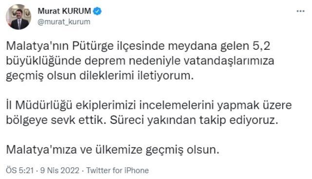 Son Dakika: Malatya'nın Pütürge ilçesinde 5.2 şiddetinde deprem! Sarsıntı çevre illerde de hissedildi Son Dakika: Malatya'nın Pütürge ilçesinde 5.2 şiddetinde deprem! Sarsıntı çevre illerde de hissedildi