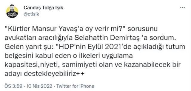 Selahattin Demirtaş'tan 'Kürtler Mansur Yavaş'a oy verir mi?' sorusuna yanıt Selahattin Demirtaş'tan 'Kürtler Mansur Yavaş'a oy verir mi?' sorusuna yanıt