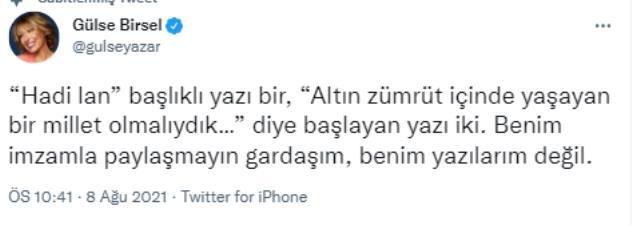 'Altın zümrüt içinde yaşayan bir millet olmalıydık' diye başlayan yazının Gülse Birsel'e ait olduğu iddiası 'Altın zümrüt içinde yaşayan bir millet olmalıydık' diye başlayan yazının Gülse Birsel'e ait olduğu iddiası