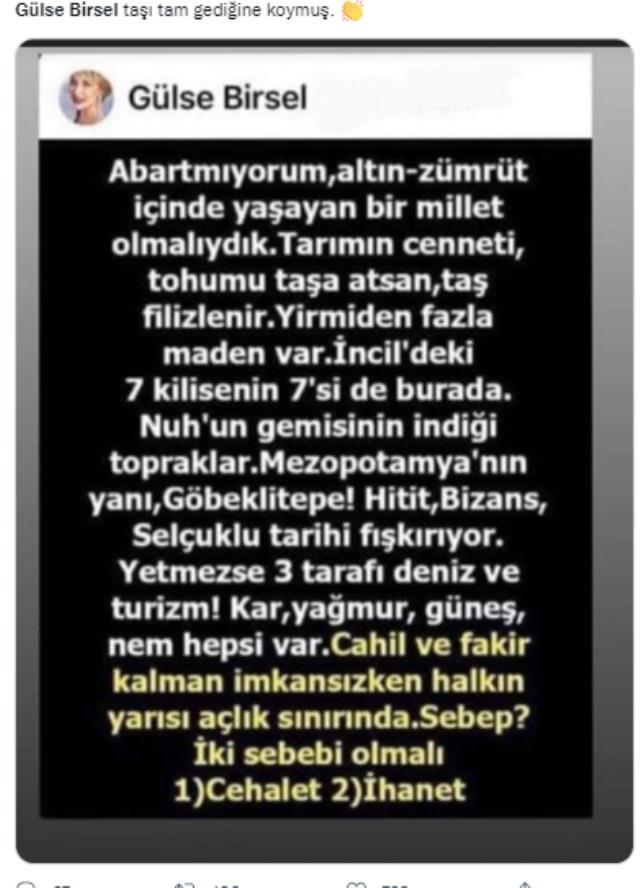 'Altın zümrüt içinde yaşayan bir millet olmalıydık' diye başlayan yazının Gülse Birsel'e ait olduğu iddiası 'Altın zümrüt içinde yaşayan bir millet olmalıydık' diye başlayan yazının Gülse Birsel'e ait olduğu iddiası