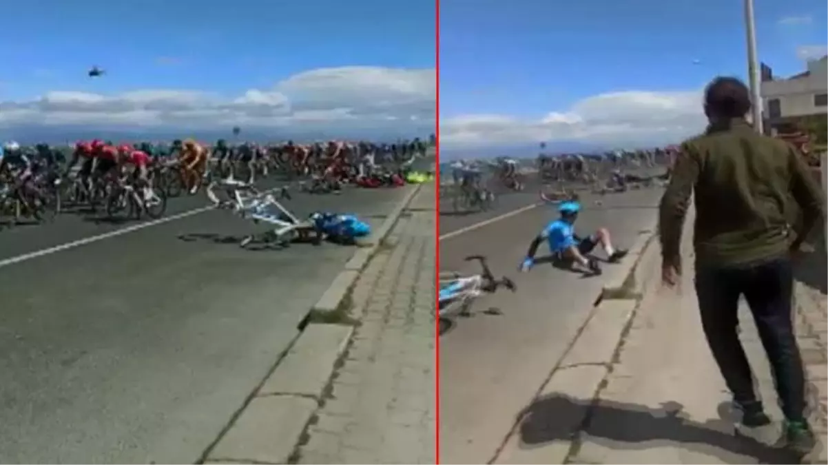 Cumhurbaşkanlığı Türkiye Bisiklet Turu'nda akılalmaz kaza! Yarışmacılardan biri parkurdaki vatandaşa çarptı