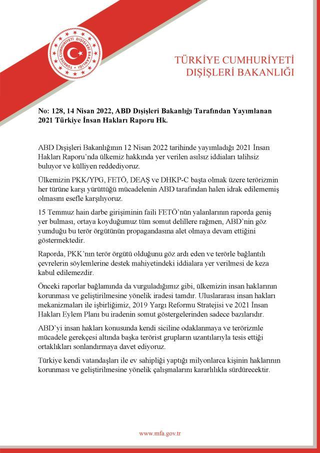 Dışişleri Bakanlığı'ndan ABD'nin Türkiye hakkındaki 'İnsan hakları' raporuna yanıt: Talihsiz buluyor ve reddediyoruz