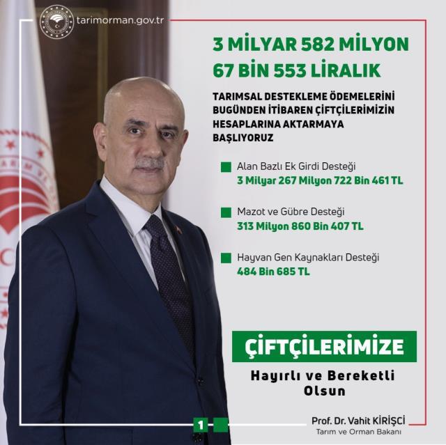 Bakan müjdeyi verdi! 3,5 milyar liralık tarımsal destek ödemeleri bugün başlıyor