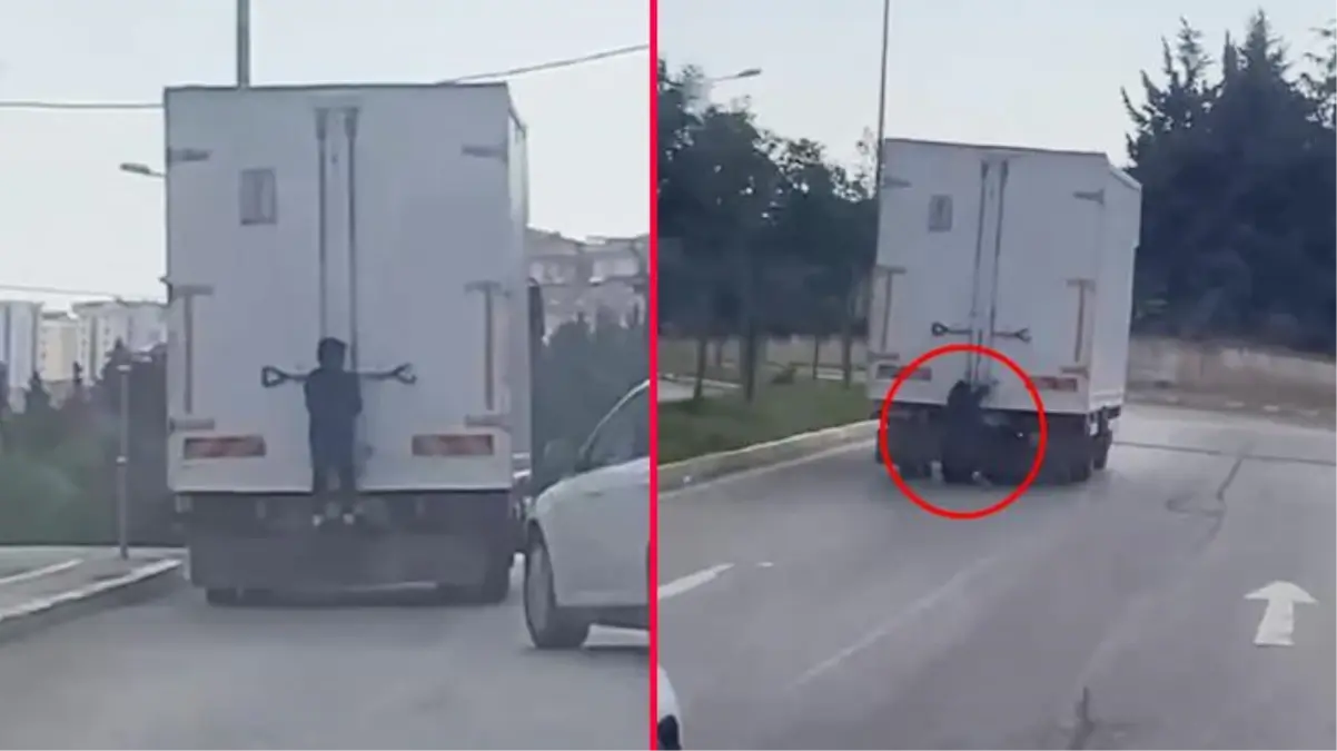 Seyir halindeki kamyonetin arkasına tutunan çocuk bir anda yere düştü! Korku dolu anlar kamerada