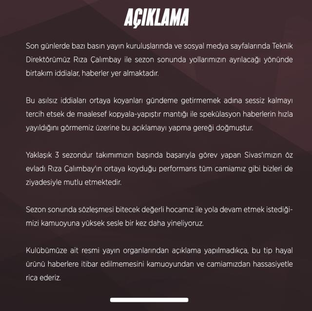 Rıza Çalımbay yollar ayrılıyor mu? Sivasspor'dan dikkat çeken açıklama Rıza Çalımbay yollar ayrılıyor mu? Sivasspor'dan dikkat çeken açıklama