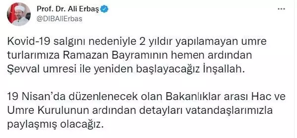 Diyanet İşleri Başkanı Erbaş, ramazan sonrası umre turlarının başlayacağını duyurdu