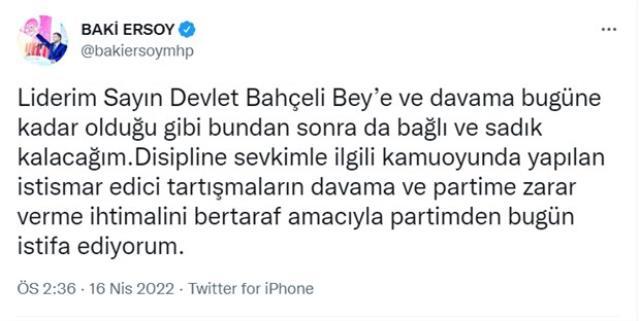 Son Dakika: 'Zamlar milletin belini büküyor' dediği için kesin ihraç talebiyle disipline sevk edilen MHP'li Baki Ersoy partisinden istifa etti