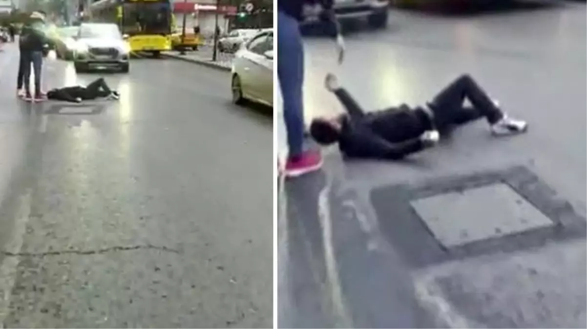 Kendini seyir halindeki araçların önüne atan dilenci pes dedirtti