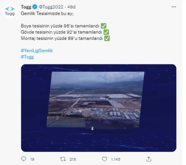 TOGG'dan heyecanlandıran paylaşım! Gemlik'teki tesisler tamamlanıyor