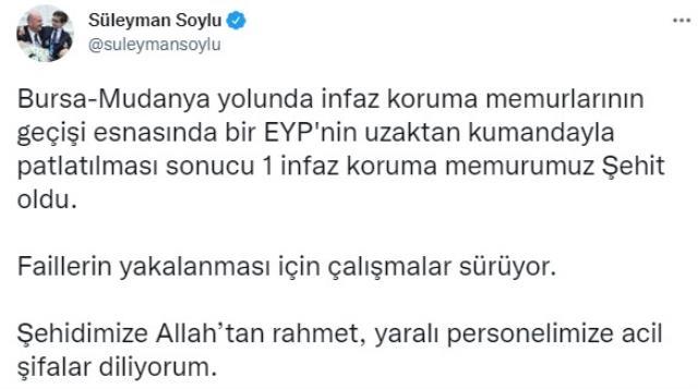Son Dakika! İçişleri Bakanı Soylu: Cezaevi aracının geçişi sırasında bir EYP uzaktan kumanda ile patlatıldı, failler aranıyor