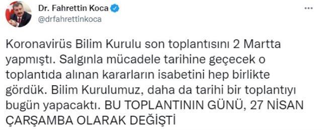 Son Dakika! Sağlık Bakanı Koca'nın 'En kritik toplantı' dediği, bugün yapılacak Bilim Kurulu zirvesi 27 Nisan çarşamba gününe ertelendi