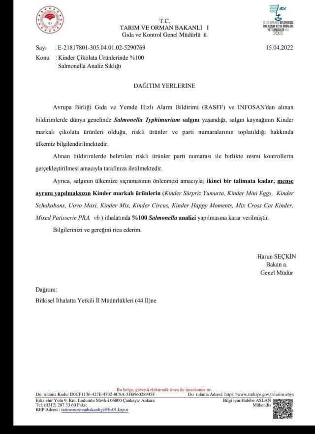 Tarım ve Orman Bakanlığı'nın Kinder ürünlerinde salmonella analizi sıklığını yüzde 100'e çıkardığı iddiası Tarım ve Orman Bakanlığı'nın Kinder ürünlerinde salmonella analizi sıklığını yüzde 100'e çıkardığı iddiası