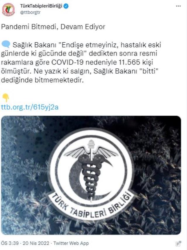 Türk Tabipleri Birliği'nden 'pandemi bitmedi' açıklaması