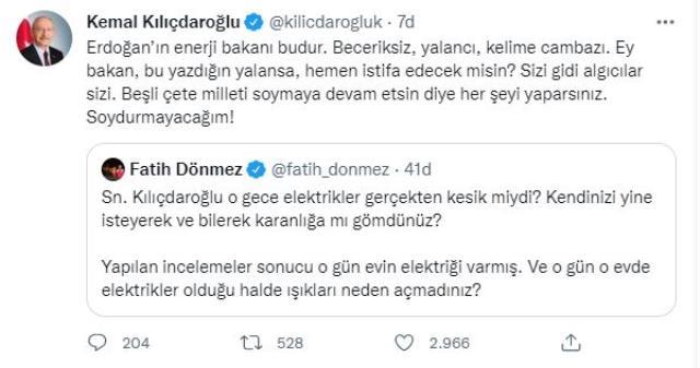 Bakan Dönmez'in 'O gün elektriği kesilmedi' açıklamasına Kılıçdaroğlu çok sert çıktı: Yalansa istifa edecek misin? Bakan Dönmez'in 'O gün elektriği kesilmedi' açıklamasına Kılıçdaroğlu çok sert çıktı: Yalansa istifa edecek misin?