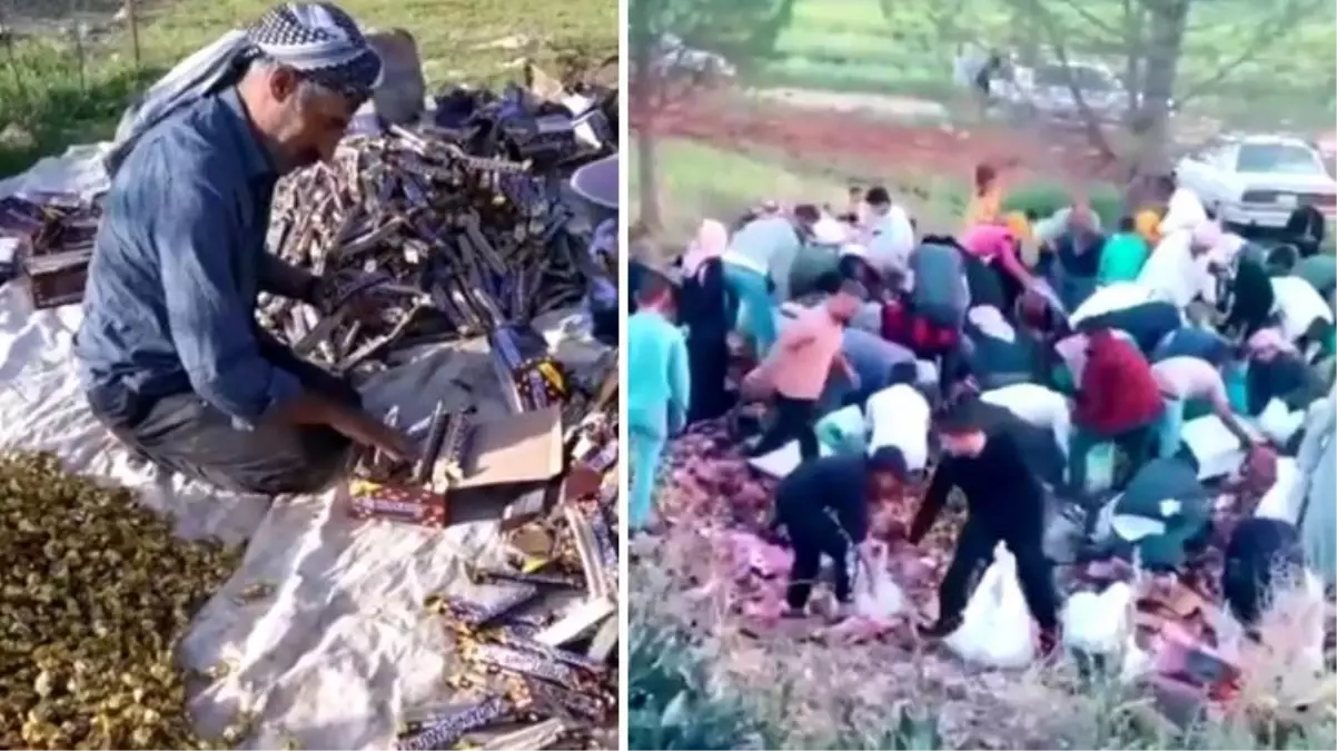 Yardım etmek yerine devrilen tırdaki bayram şekerleri ve çikolataları yağmaladılar