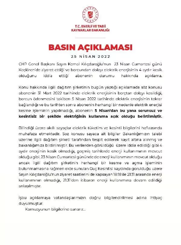 Enerji ve Tabii Kaynaklar Bakanlığından, Kılıçdaroğlu'nun 23 Nisan'da ziyaret ettiği eve ilişkin açıklama Enerji ve Tabii Kaynaklar Bakanlığından, Kılıçdaroğlu'nun 23 Nisan'da ziyaret ettiği eve ilişkin açıklama