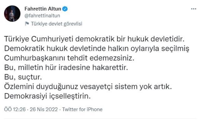 Fahrettin Altun'dan CHP'li Özgür Özel'e cevap: Cumhurbaşkanını tehdit edemezsiniz Fahrettin Altun'dan CHP'li Özgür Özel'e cevap: Cumhurbaşkanını tehdit edemezsiniz