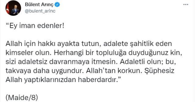 Bülent Arınç'tan dikkat çeken adalet konulu ayet paylaşımları