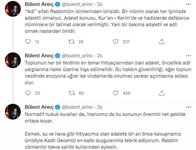 Bülent Arınç'tan dikkat çeken adalet konulu ayet paylaşımları