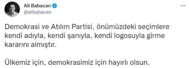 Son Dakika! DEVA Partisi Genel Başkanı Ali Babacan: Partimiz önümüzdeki seçimlere kendi adıyla ve kendi logosuyla girme kararı aldı