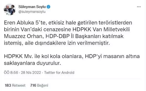 Bakan Soylu: Teröristin cenazesine katılmak isteyen HDP'li Orhan'a izin verilmedi Bakan Soylu: Teröristin cenazesine katılmak isteyen HDP'li Orhan'a izin verilmedi