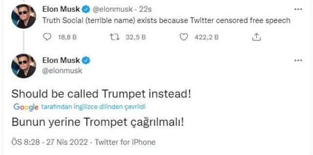 Elon Musk'tan Trump'ın sosyal medya plaformu Truth Social'a isim önerisi: Trumpet Elon Musk'tan Trump'ın sosyal medya plaformu Truth Social'a isim önerisi: Trumpet