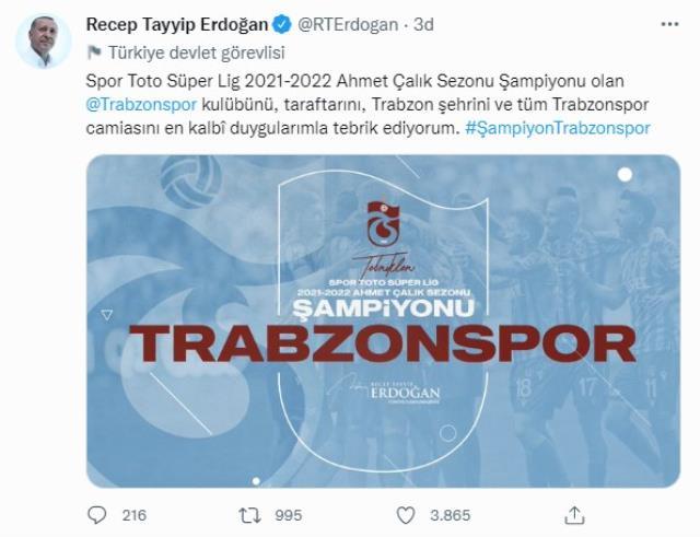 Cumhurbaşkanı Erdoğan, 38 yıl sonra şampiyonluğa ulaşan Trabzonspor'u tebrik etti