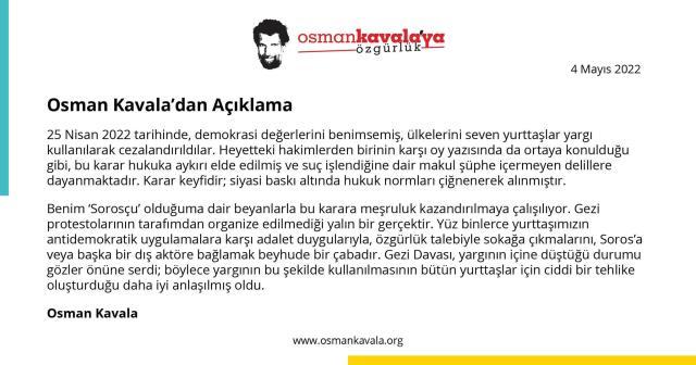 Gezi davasında müebbet hapis cezası alan Osman Kavala: Gezi protestolarının tarafımdan organize edilmediği yalın bir gerçektir Gezi davasında müebbet hapis cezası alan Osman Kavala: Gezi protestolarının tarafımdan organize edilmediği yalın bir gerçektir