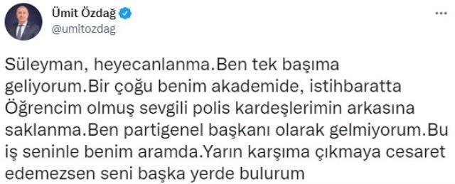 Saat 11.00'de İçişleri'ne gideceğini açıklayan Ümit Özdağ, Süleyman Soylu'ya yeni mesaj: Duydum ki barikatlar kurmuşsun