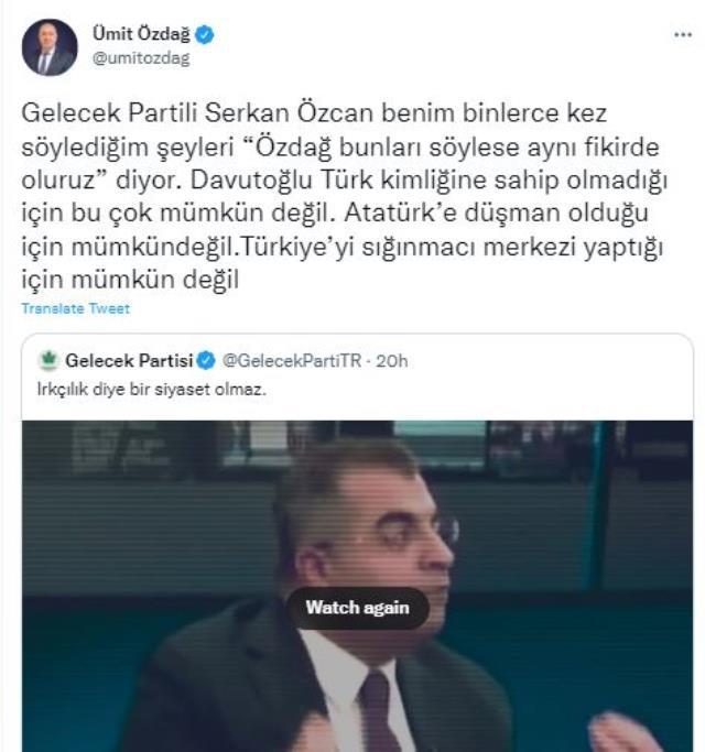 Ümit Özdağ'dan tarafını seçen Davutoğlu'na olay çıkaracak sözler: Türk kimliğine sahip değil Ümit Özdağ'dan tarafını seçen Davutoğlu'na olay çıkaracak sözler: Türk kimliğine sahip değil
