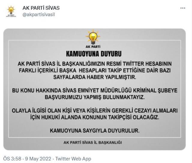 AK Parti Sivas İl Başkanlığı'nın resmi Twitter hesabından cinsel içerikli paylaşım yapan sayfalar takip edildi AK Parti Sivas İl Başkanlığı'nın resmi Twitter hesabından cinsel içerikli paylaşım yapan sayfalar takip edildi