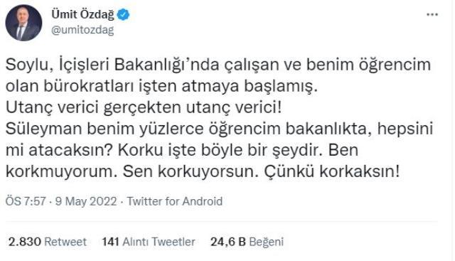 Öğrencisi olan bürokratların İçişleri'nden atıldığını iddia eden Özdağ'dan Bakan Soylu'ya sert sözler