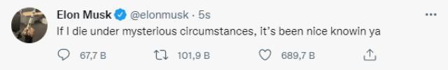 Rusya'nın tehdit ettiği Elon Musk'tan olay paylaşım: Gizemli koşullar altında ölürsem, sizi tanımak güzeldi Rusya'nın tehdit ettiği Elon Musk'tan olay paylaşım: Gizemli koşullar altında ölürsem, sizi tanımak güzeldi