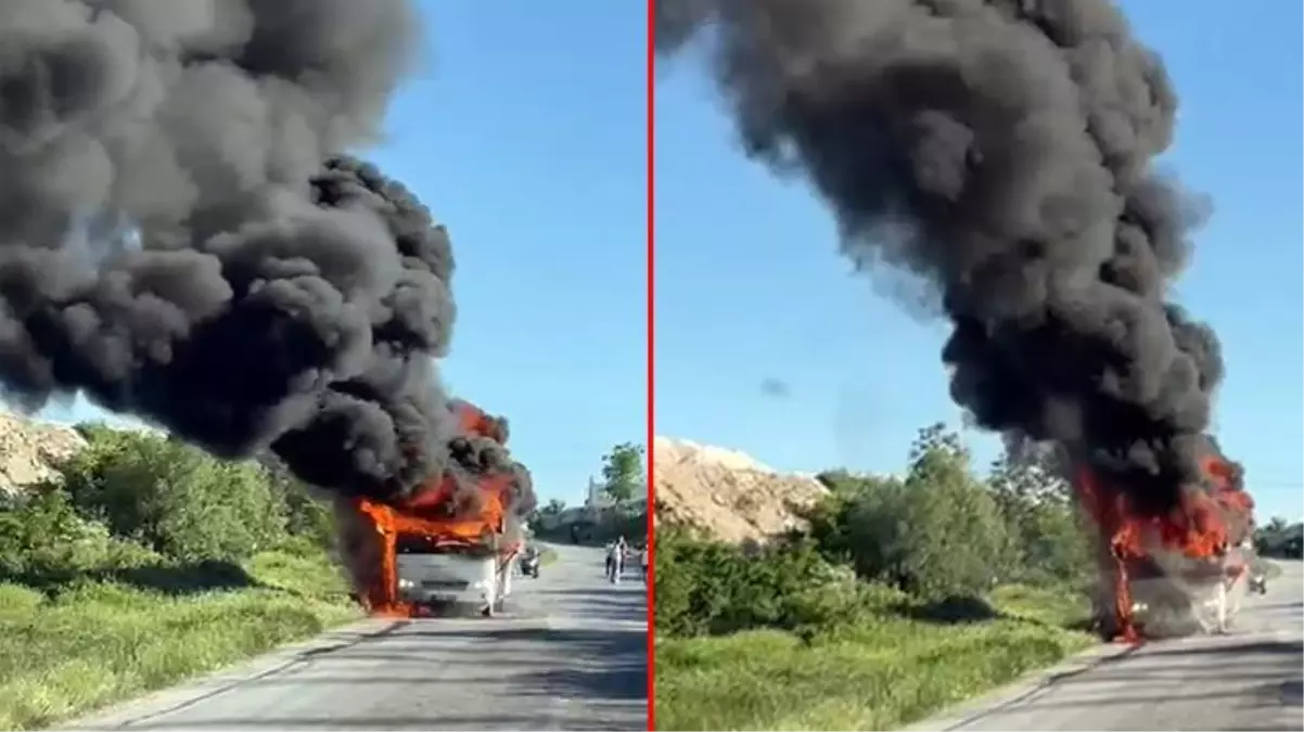 Sürücünün dikkati faciayı önledi! İşçileri taşıyan minibüs cayır cayır yandı