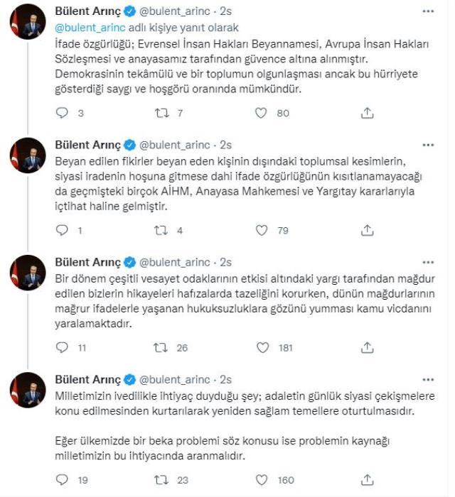 Bülent Arınç'tan Canan Kaftancıoğlu paylaşımı: Dünün mağdurlarının hukuksuzluklara gözünü yumması kamu vicdanını yaralamaktadır Bülent Arınç'tan Canan Kaftancıoğlu paylaşımı: Dünün mağdurlarının hukuksuzluklara gözünü yumması kamu vicdanını yaralamaktadır