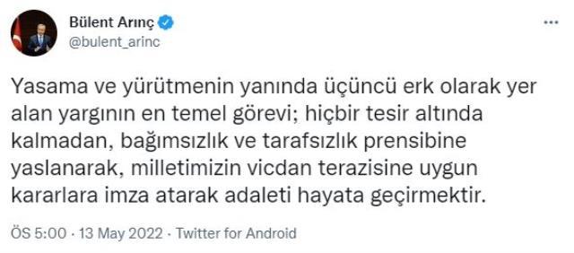 Bülent Arınç'tan Canan Kaftancıoğlu paylaşımı: Dünün mağdurlarının hukuksuzluklara gözünü yumması kamu vicdanını yaralamaktadır Bülent Arınç'tan Canan Kaftancıoğlu paylaşımı: Dünün mağdurlarının hukuksuzluklara gözünü yumması kamu vicdanını yaralamaktadır