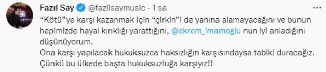 İmamoğlu'nu defterden silen Fazıl Say'dan Kaftancıoğlu'na destek: Asıl kahramanımız odur, asla yedirtmeyiz İmamoğlu'nu defterden silen Fazıl Say'dan Kaftancıoğlu'na destek: Asıl kahramanımız odur, asla yedirtmeyiz