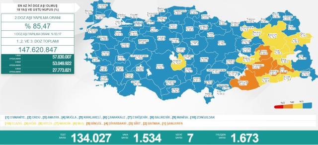 Türkiye'de 13 Mayıs günü koronavirüs nedeniyle 7 kişi vefat etti, bin 534 yeni vaka tespit edildi