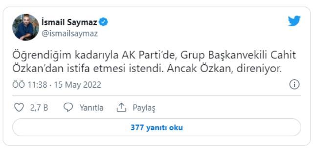 BAE çıkışıyla AK Parti'yi karıştıran Grup Başkanvekili Cahit Özkan'ın istifasının istendiği iddia edildi