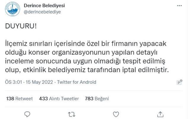 Kocaeli'nde Aynur Doğan konseri ilçe belediyesi tarafından iptal edildi Kocaeli'nde Aynur Doğan konseri ilçe belediyesi tarafından iptal edildi