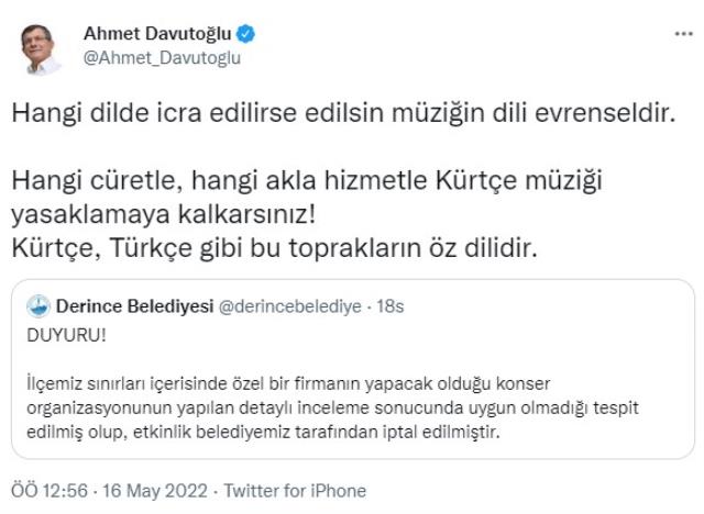 Aynur Doğan'ın konserinin iptal edilmesine bir tepki de Ahmet Davutoğlu'ndan: Hangi akla hizmetle Kürtçe müziği yasaklamaya kalkarsınız!