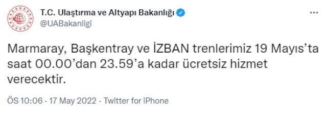 19 Mayıs'ta Marmaray, Başkentray ve İZBAN ücretsiz mi? Marmaray 19 Mayıs'ta ücretsiz mi? 19 Mayıs'ta Marmaray, Başkentray ve İZBAN ücretsiz mi? Marmaray 19 Mayıs'ta ücretsiz mi?
