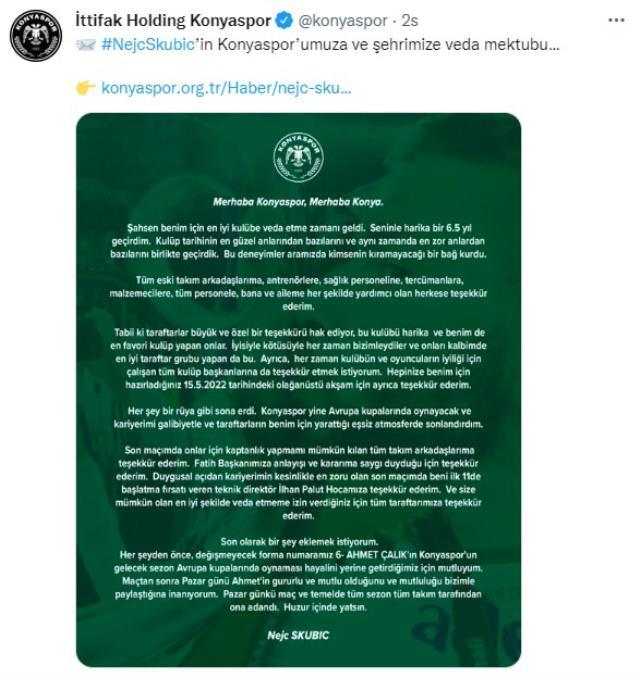 Maç biter bitmez yere çöküp hüngür hüngür ağlamıştı! Konyaspor, Skubic'in mektubunu yayımladı Maç biter bitmez yere çöküp hüngür hüngür ağlamıştı! Konyaspor, Skubic'in mektubunu yayımladı